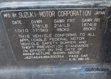 2011 Suzuki Sx4 Technology (Nav) из США, поврежденный, VIN JS2YA5A53B6300354